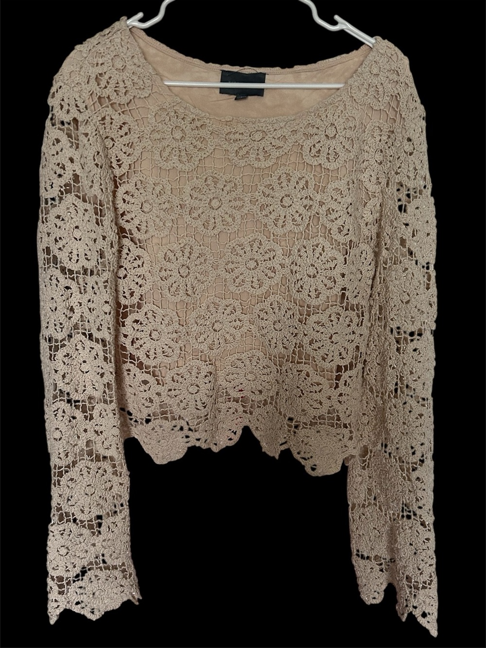 Women's Beige Boutique Crochet Floral Lace Blouse - Lightweight Long Sleeve